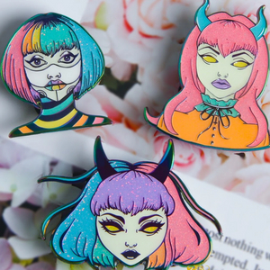 Custom Design Your Own Three Style Women Head Enamel Pins with Glitter Cartoon TV Metal Badges Cheap Price No MOQ
