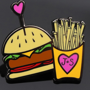 Hard Enamel Black Nickle Hamburger Metal Pins with Love Heart Logo Fired Chip Lapel Pins High Quality Pin Badges