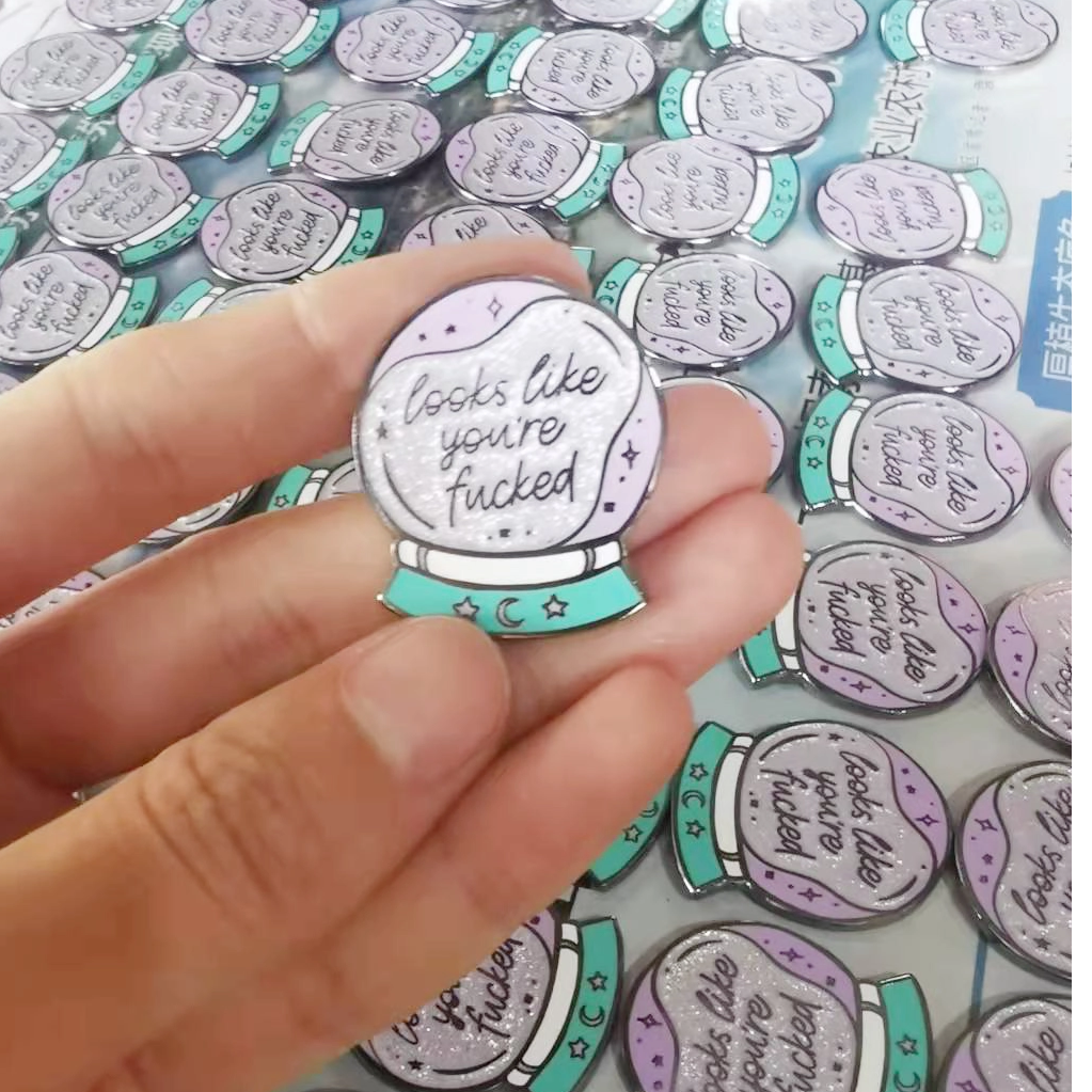 Factory Custom Aluminum Silver Glitter Crystal Ball Enamle Pins Unique Design Metal Badges 
